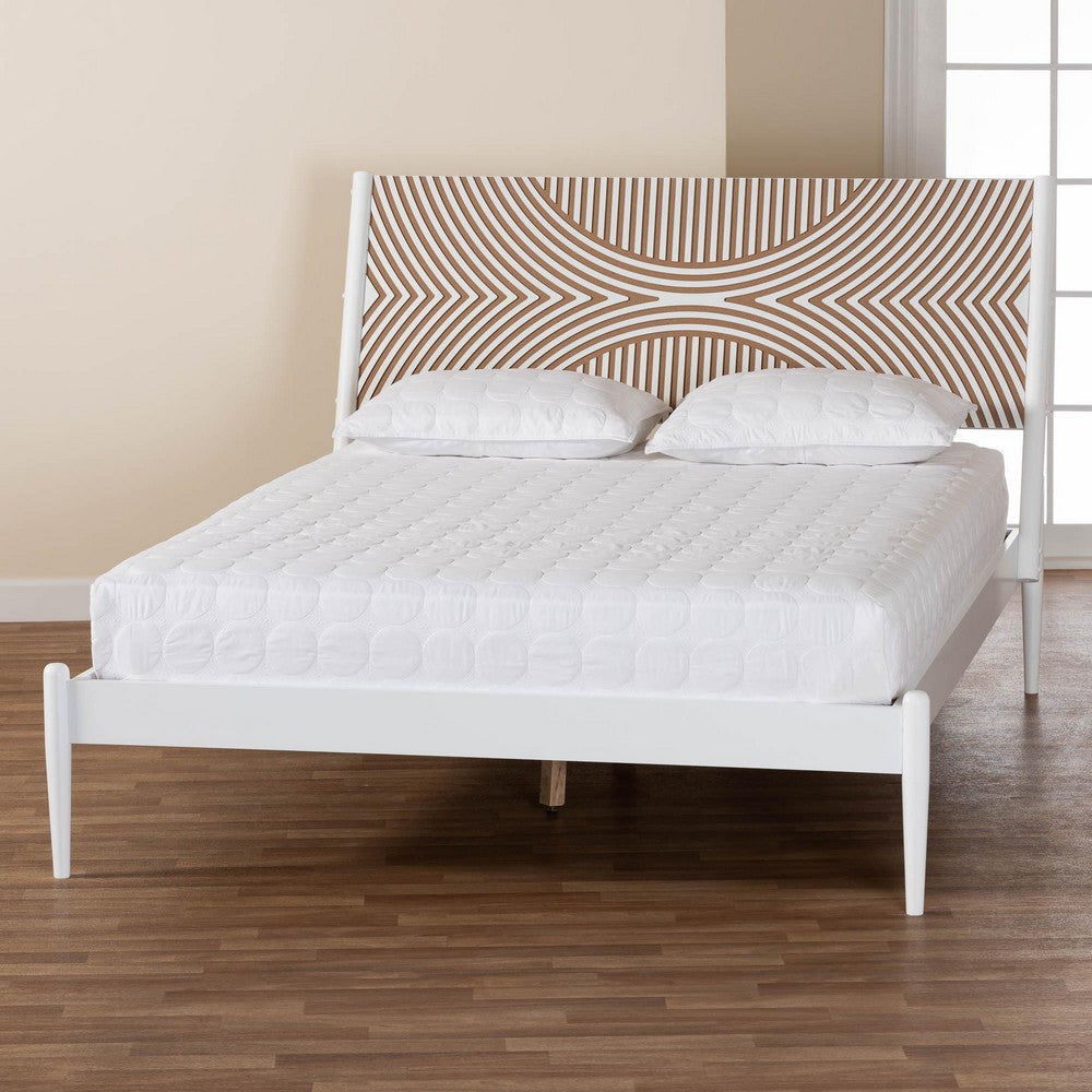 Baxton Studio Louetta Coastal White Queen Size Platform Bed with Carved Contrasting Headboard