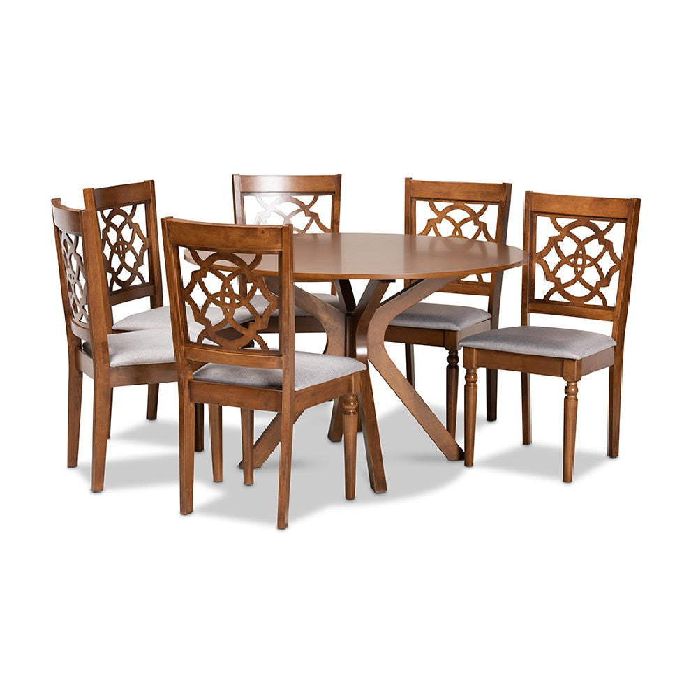 Baxton Studio Sadie Modern and Contemporary Grey Fabric Upholstered and Walnut Brown Finished Wood 7-Piece Dining Set