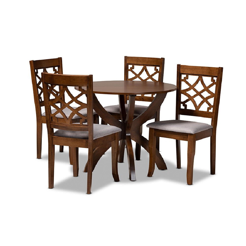 Baxton Studio Sandra Modern and Contemporary Grey Fabric Upholstered and Walnut Brown Finished Wood 5-Piece Dining Set