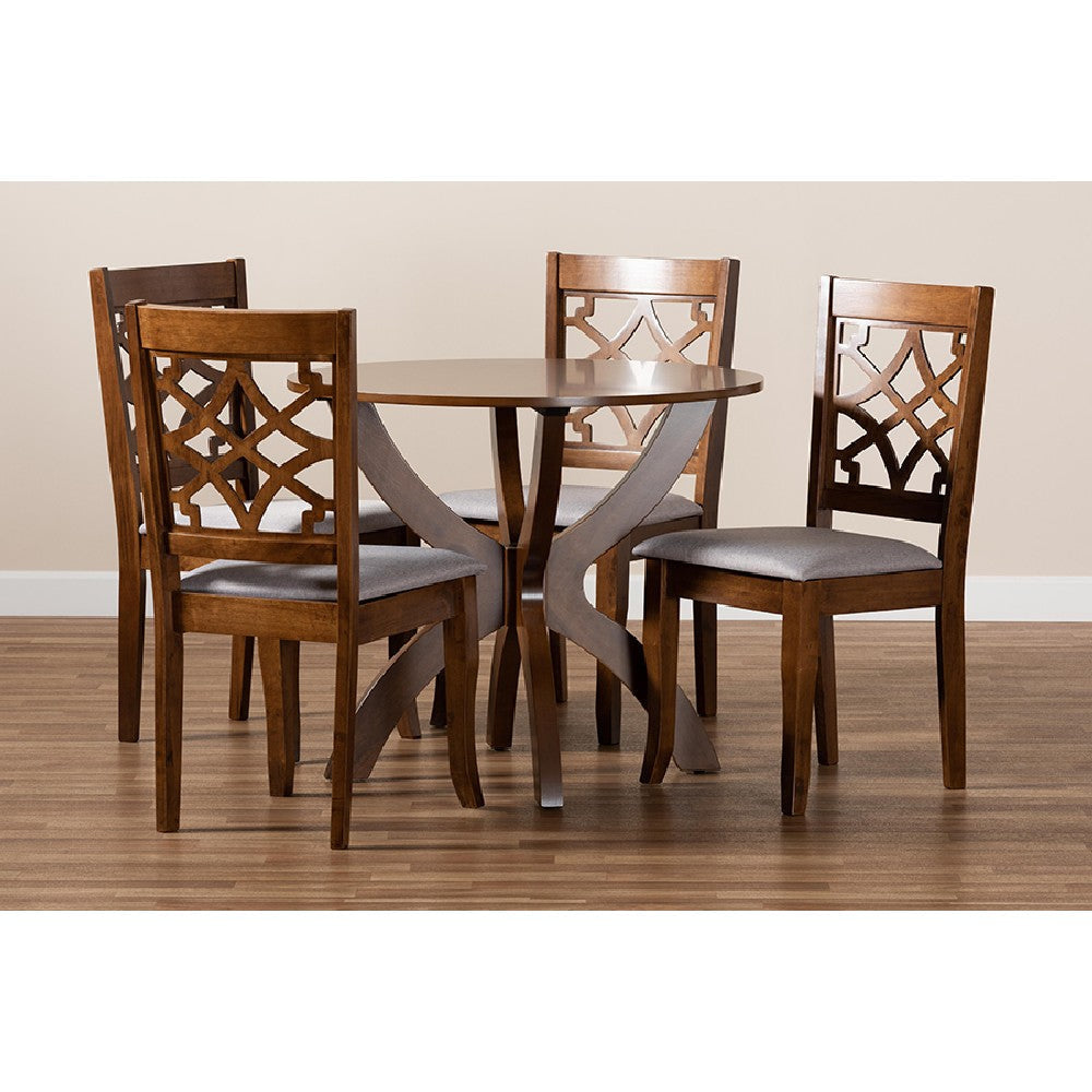 Baxton Studio Sandra Modern and Contemporary Grey Fabric Upholstered and Walnut Brown Finished Wood 5-Piece Dining Set