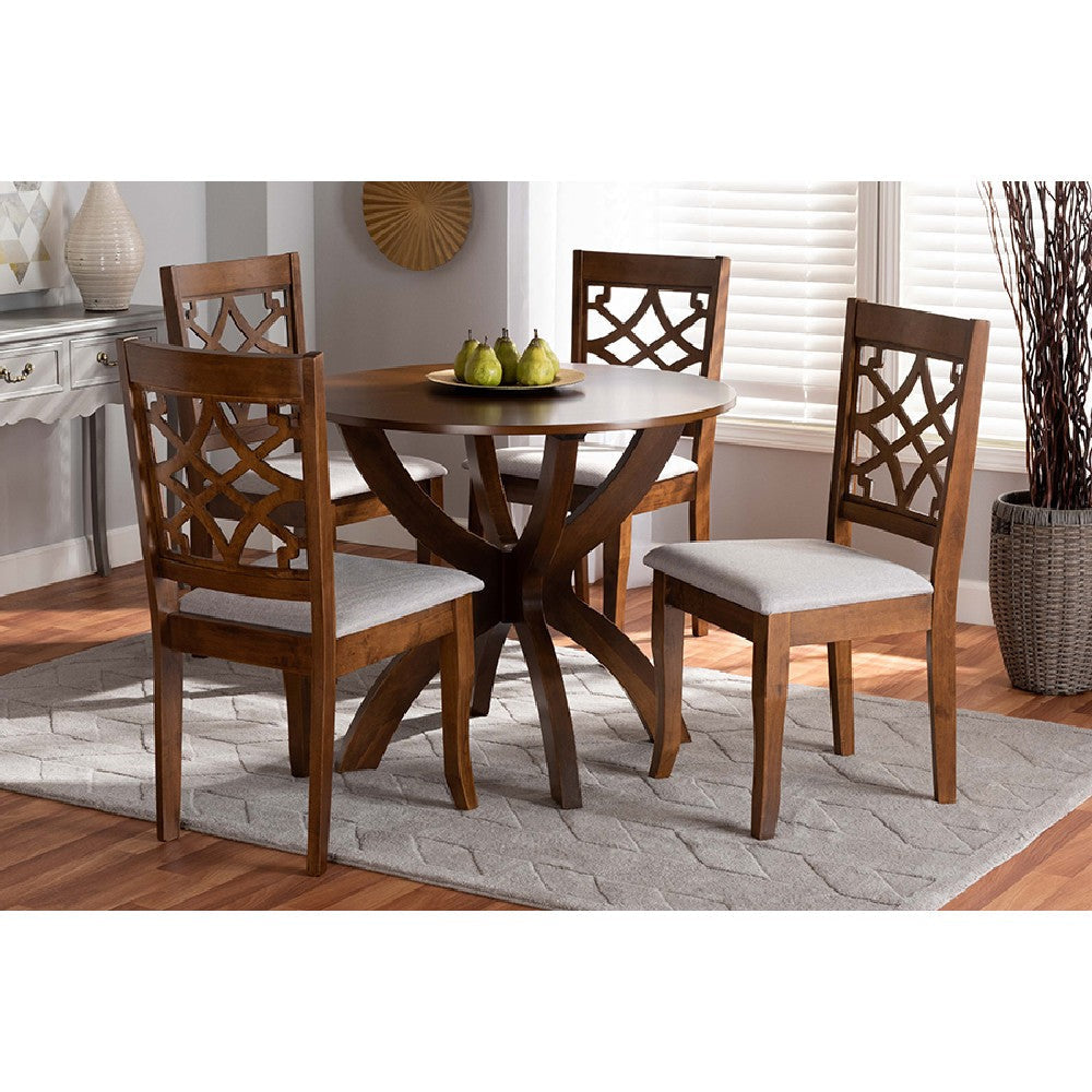 Baxton Studio Sandra Modern and Contemporary Grey Fabric Upholstered and Walnut Brown Finished Wood 5-Piece Dining Set