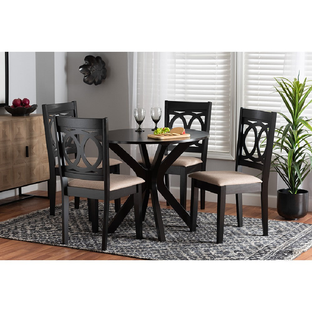 Baxton Studio Sanne Modern Beige Fabric and Espresso Brown Finished Wood 5-Piece Dining Set WHI-Sanne-Sand-Dark-Brown-5PC-Dining-Set