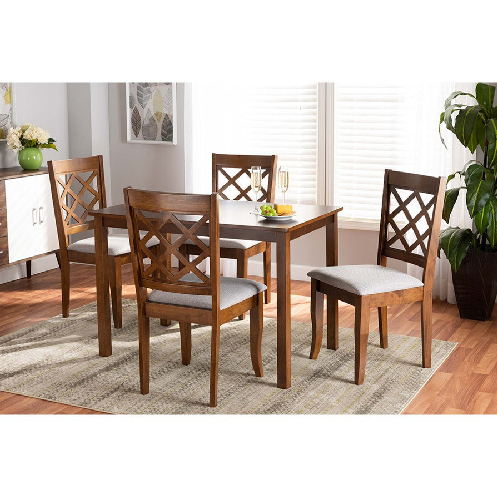 Baxton Studio Sari Modern and Contemporary Grey Fabric Upholstered and Walnut Brown Finished Wood 5-Piece Dining Set
