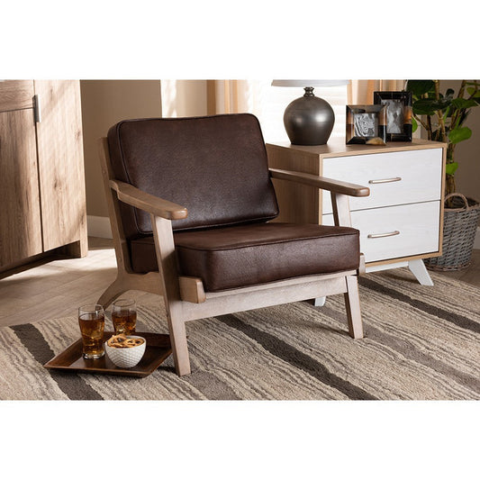 Baxton Studio Sigrid Mid-Century Modern Dark Brown Faux Leather Effect Fabric Upholstered Antique Oak Finished Wood Armchair