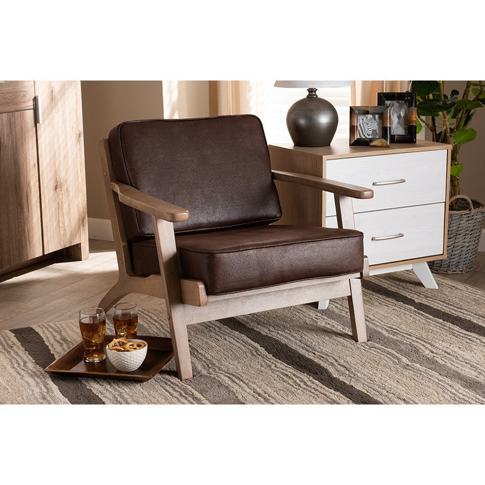 Baxton Studio Sigrid Mid-Century Modern Dark Brown Faux Leather Effect Fabric Upholstered Antique Oak Finished Wood Armchair