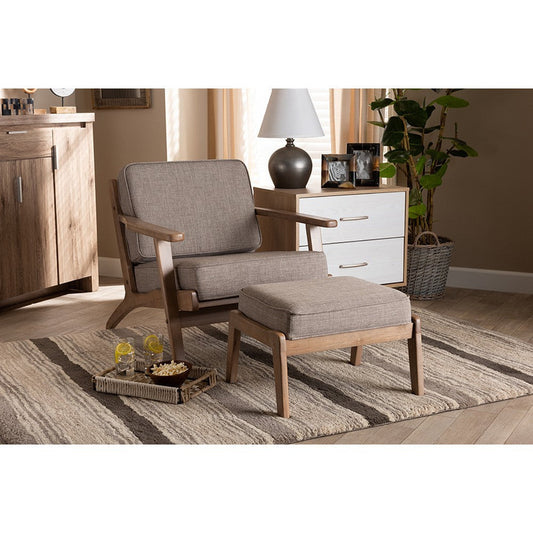 Baxton Studio Sigrid Mid-Century Modern Light Grey Fabric Upholstered Antique Oak Finished 2-Piece Wood Armchair and Ottoman Set