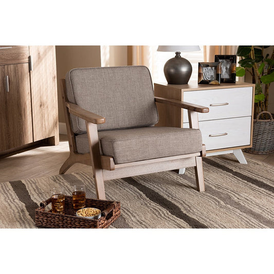 Baxton Studio Sigrid Mid-Century Modern Light Grey Fabric Upholstered Antique Oak Finished Wood Armchair