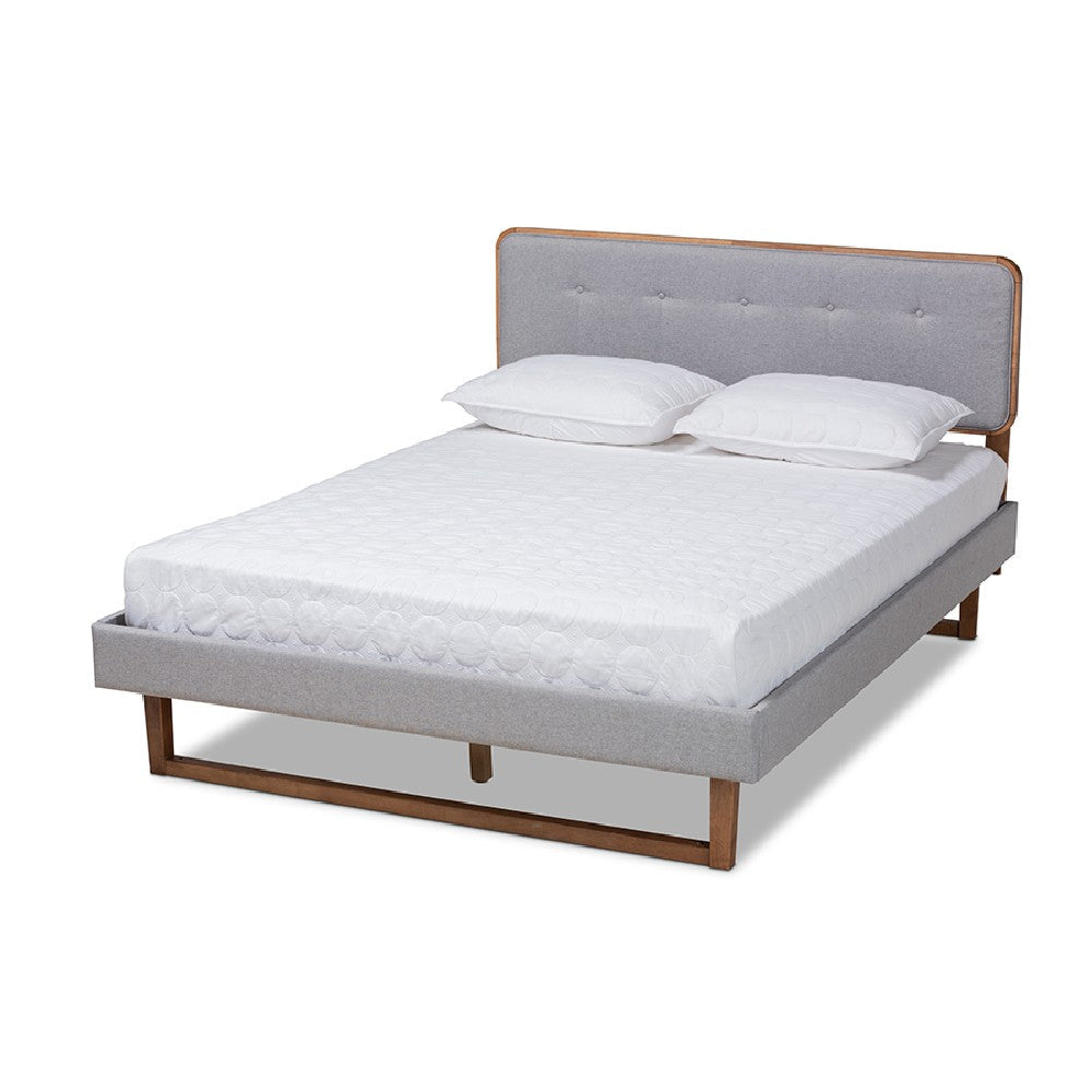 Baxton Studio Sofia Mid-Century Modern Light Grey Fabric Upholstered and Ash Walnut Finished Wood Full Size Platform Bed