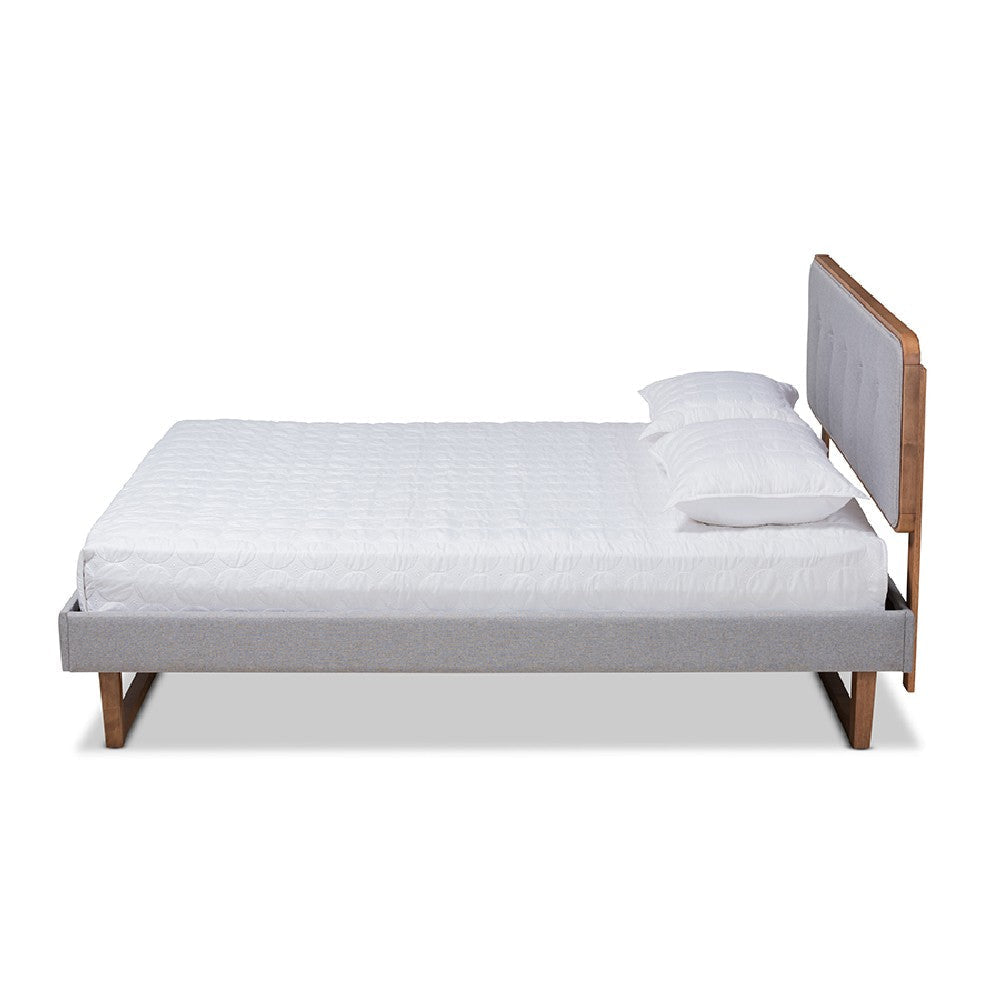 Baxton Studio Sofia Mid-Century Modern Light Grey Fabric Upholstered and Ash Walnut Finished Wood Full Size Platform Bed