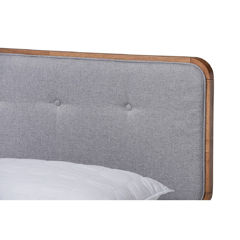 Baxton Studio Sofia Mid-Century Modern Light Grey Fabric Upholstered and Ash Walnut Finished Wood Queen Size Platform Bed