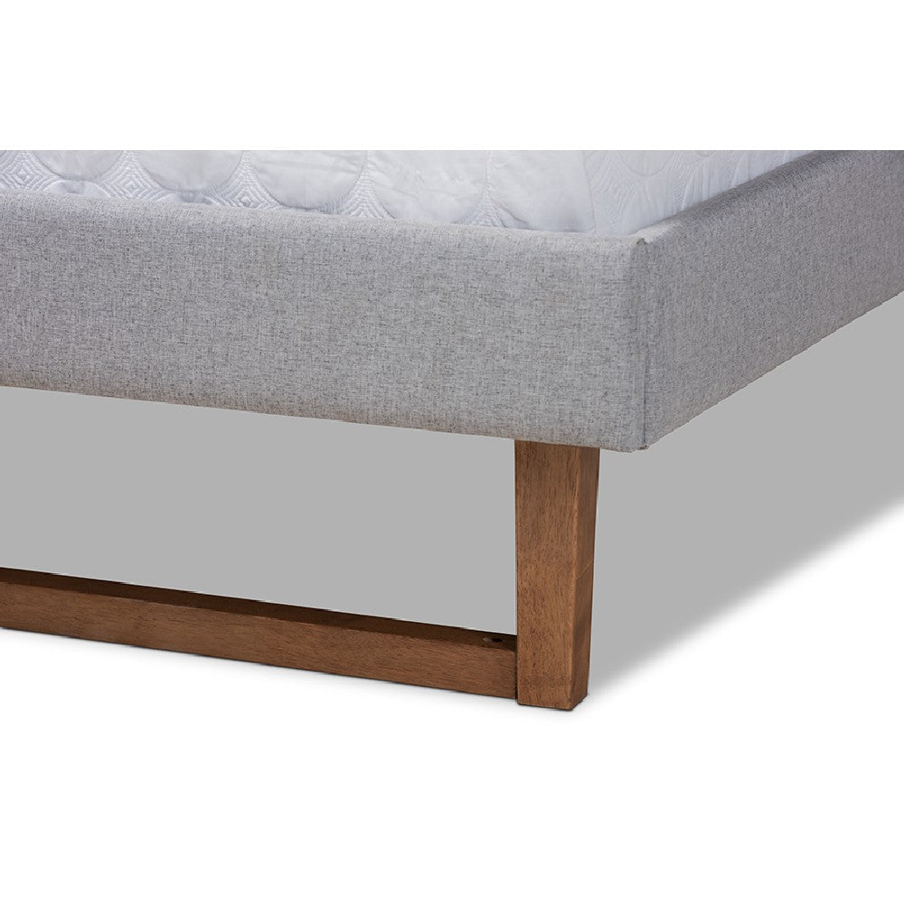 Baxton Studio Sofia Mid-Century Modern Light Grey Fabric Upholstered and Ash Walnut Finished Wood Queen Size Platform Bed