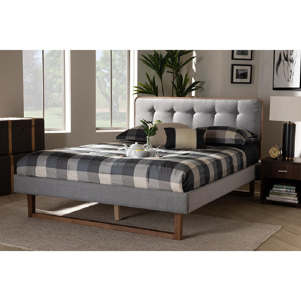 Baxton Studio Sofia Mid-Century Modern Light Grey Fabric Upholstered and Ash Walnut Finished Wood Queen Size Platform Bed