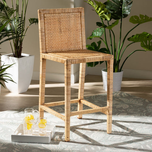 bali & pari Sofia Modern and Contemporary Natural Finished Wood and Rattan Counter Stool