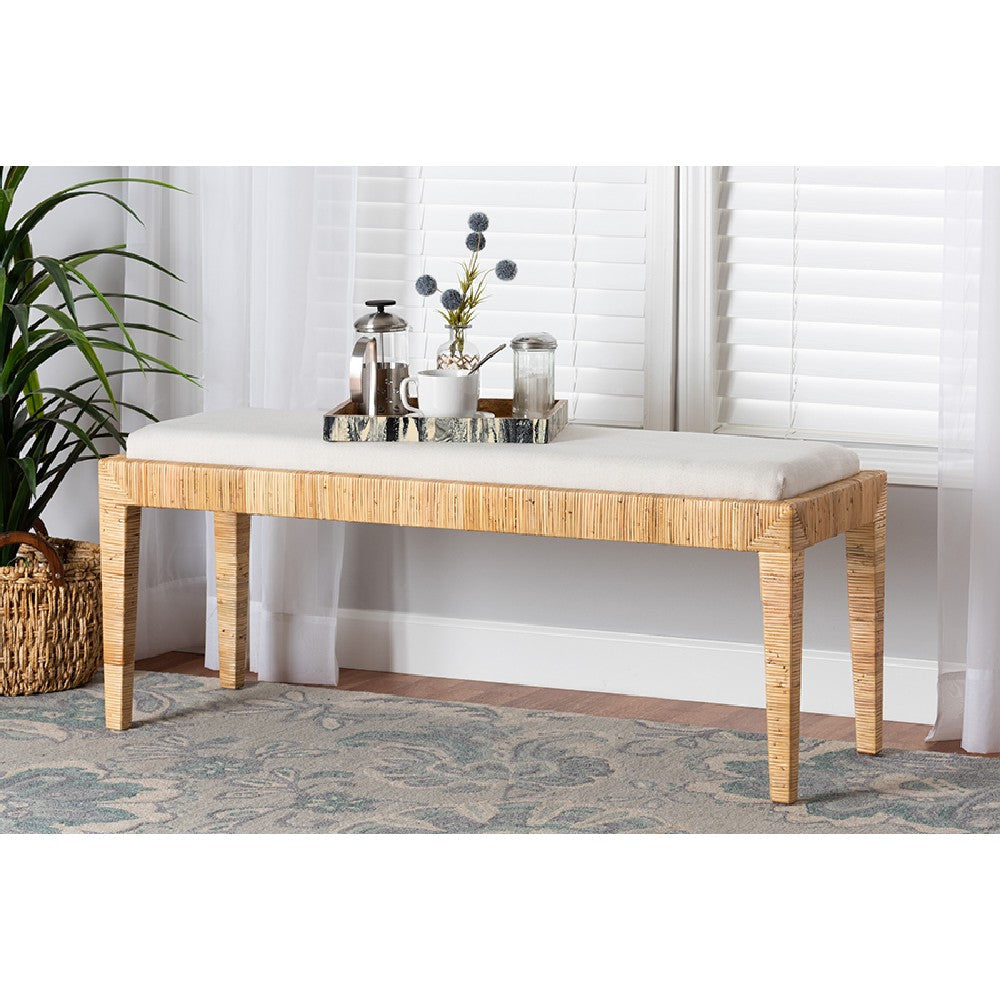 bali & pari Sofia Modern Bohemian Natural Brown Rattan and Mahogany Wood Bench WHI-Sofia-Rattan-Bench