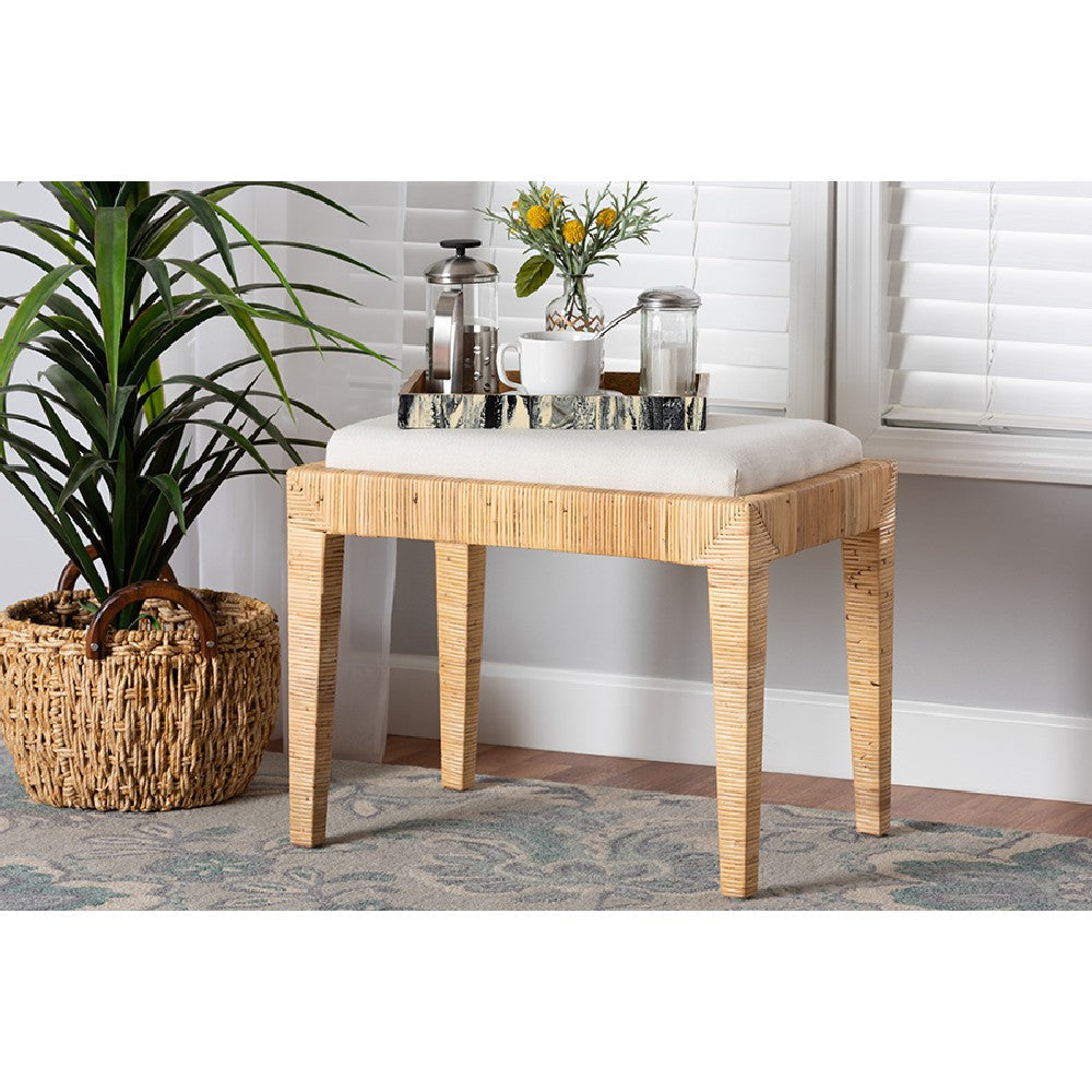 bali & pari Sofia Modern Bohemian Natural Brown Rattan and Mahogany Wood Ottoman WHI-Sofia-Rattan-Otto