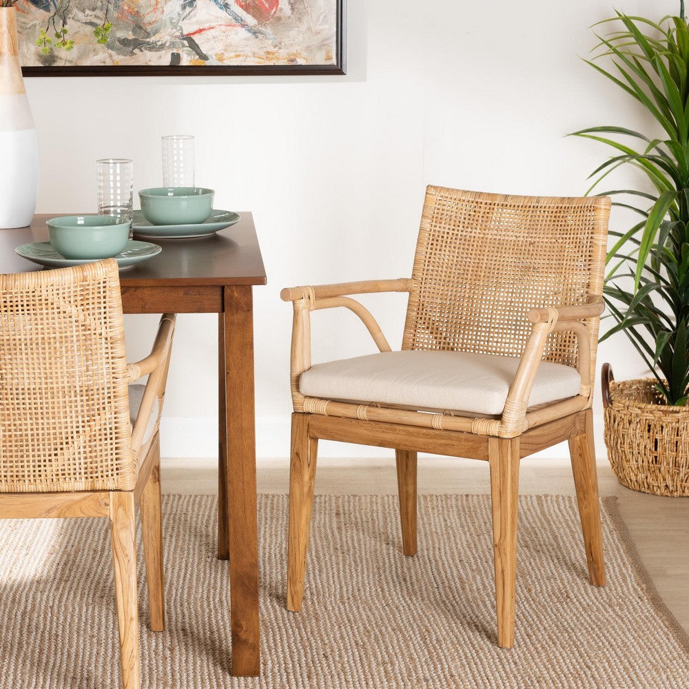 bali & pari Storsel Modern Bohemian Natural Brown Finished Teak Wood and Rattan Dining Chair WHI-Storsel-Rattan-DC