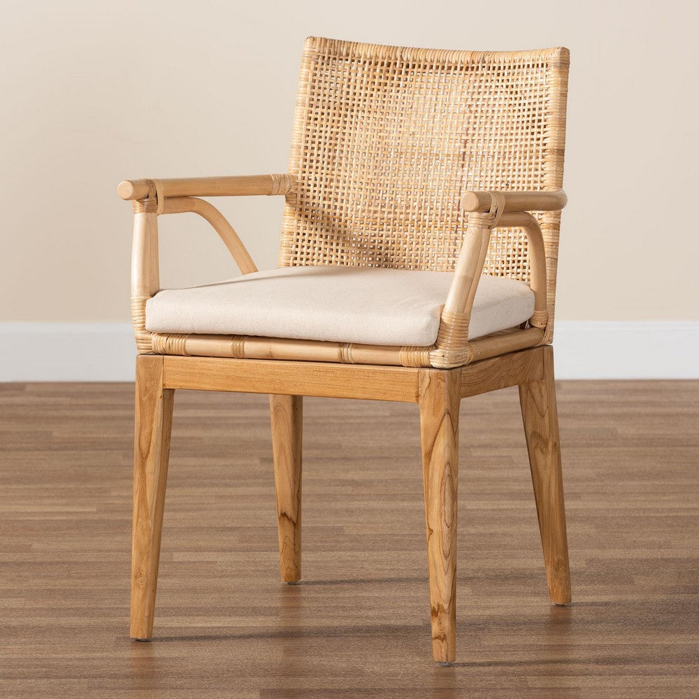 bali & pari Storsel Modern Bohemian Natural Brown Finished Teak Wood and Rattan Dining Chair