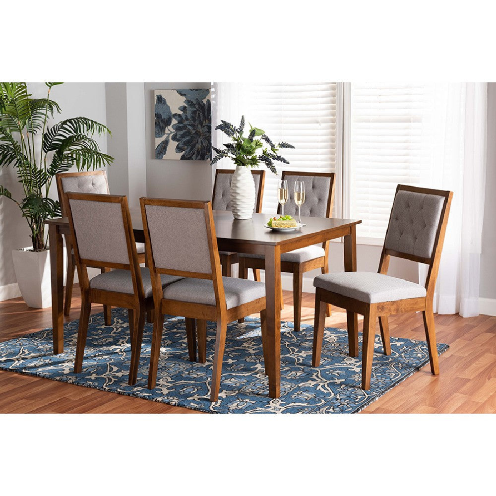 Baxton Studio Suvi Modern and Contemporary Grey Fabric Upholstered and Walnut Brown Finished Wood 7-Piece Dining Set