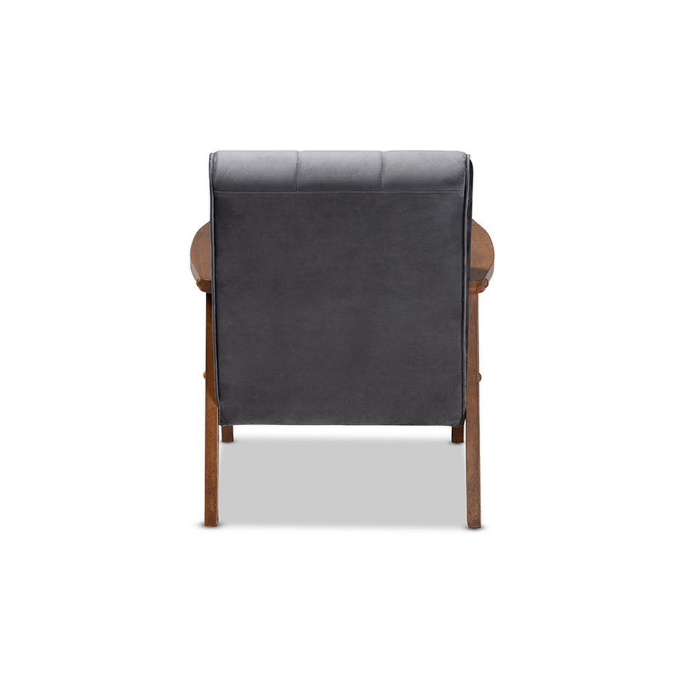 Baxton Studio Asta Mid-Century Modern Grey Velvet Fabric Upholstered Walnut Finished Wood Armchair