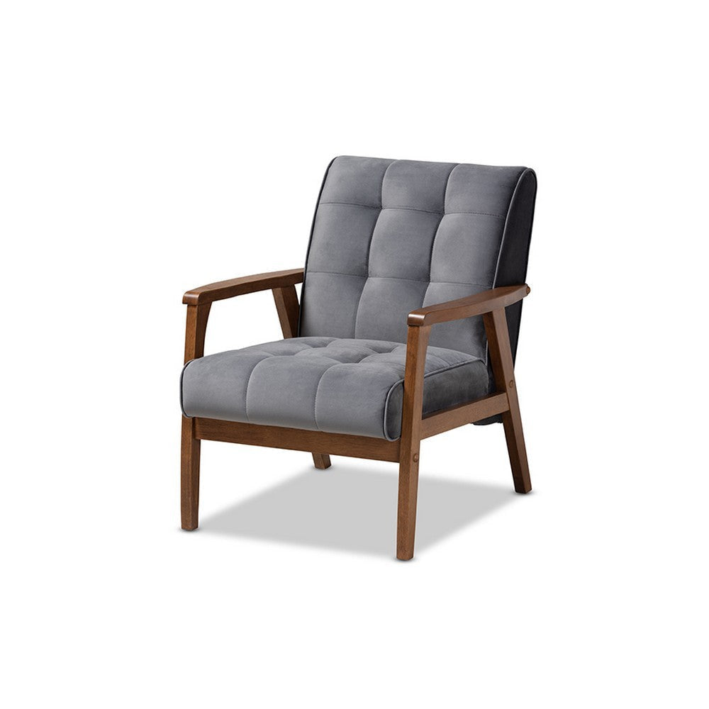 Baxton Studio Asta Mid-Century Modern Grey Velvet Fabric Upholstered Walnut Finished Wood Armchair