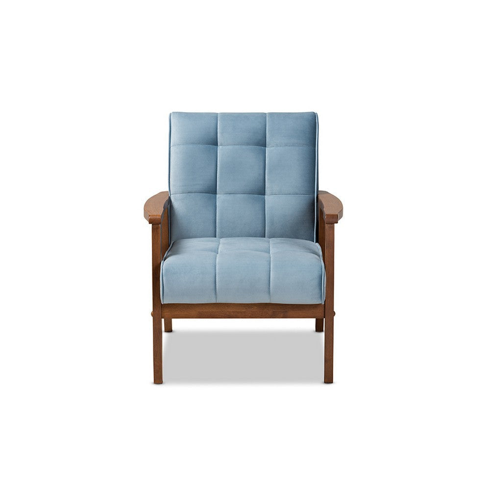 Baxton Studio Asta Mid-Century Modern Light Blue Velvet Fabric Upholstered Walnut Finished Wood Armchair