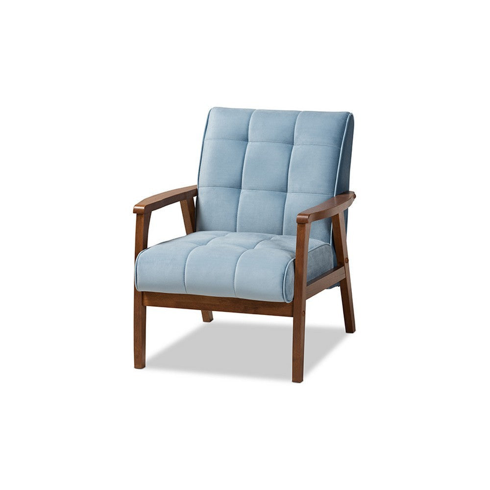 Baxton Studio Asta Mid-Century Modern Light Blue Velvet Fabric Upholstered Walnut Finished Wood Armchair