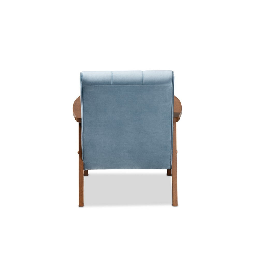 Baxton Studio Asta Mid-Century Modern Light Blue Velvet Fabric Upholstered Walnut Finished Wood Armchair