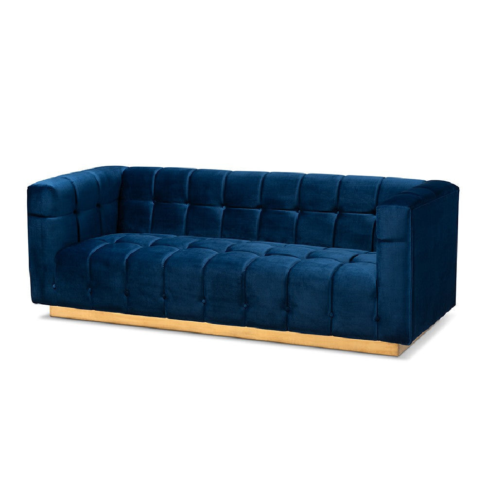 Baxton Studio Loreto Glam and Luxe Navy Blue Velvet Fabric Upholstered Brushed Gold Finished Sofa WHI-TSF-5506-Navy-Gold-SF