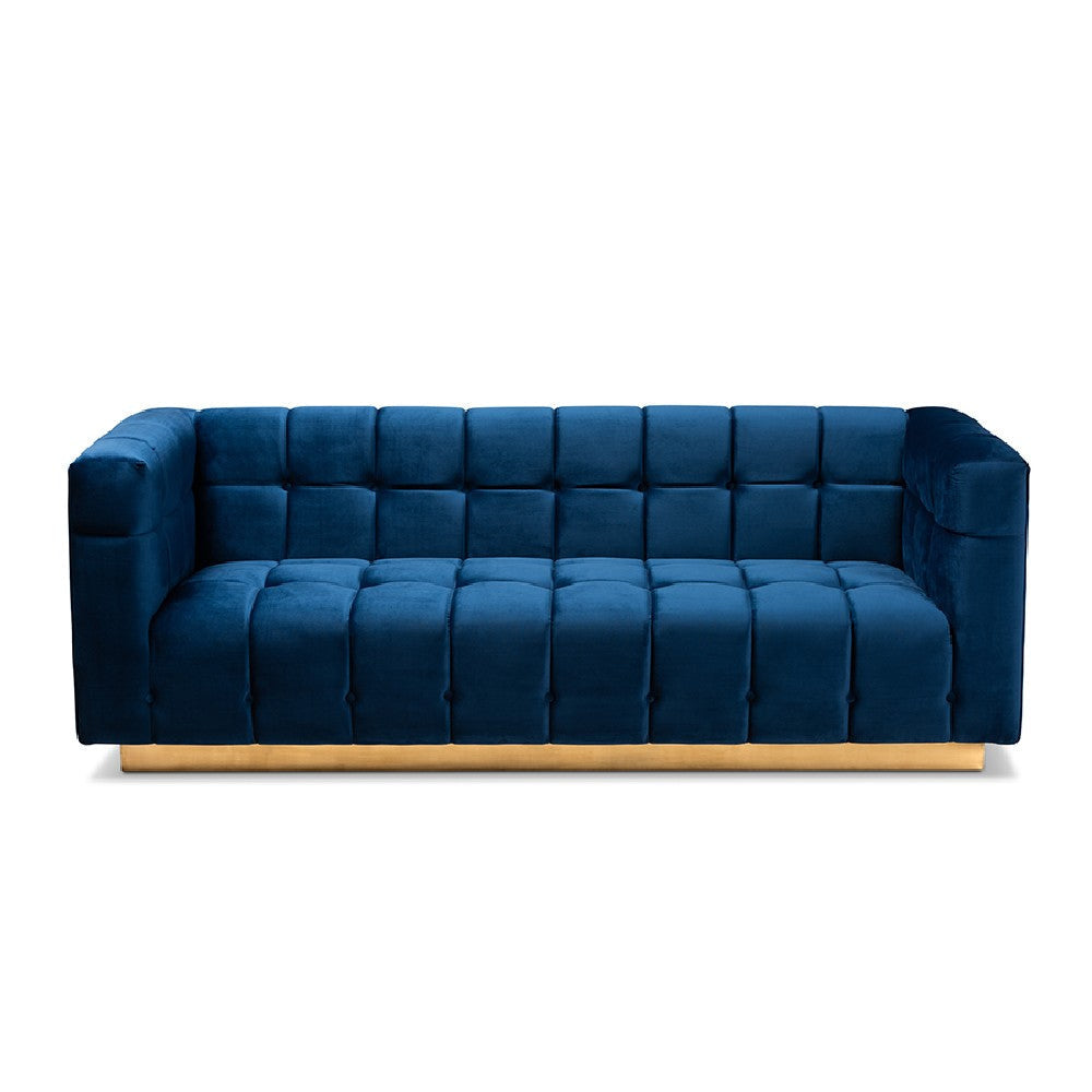 Baxton Studio Loreto Glam and Luxe Navy Blue Velvet Fabric Upholstered Brushed Gold Finished Sofa WHI-TSF-5506-Navy-Gold-SF
