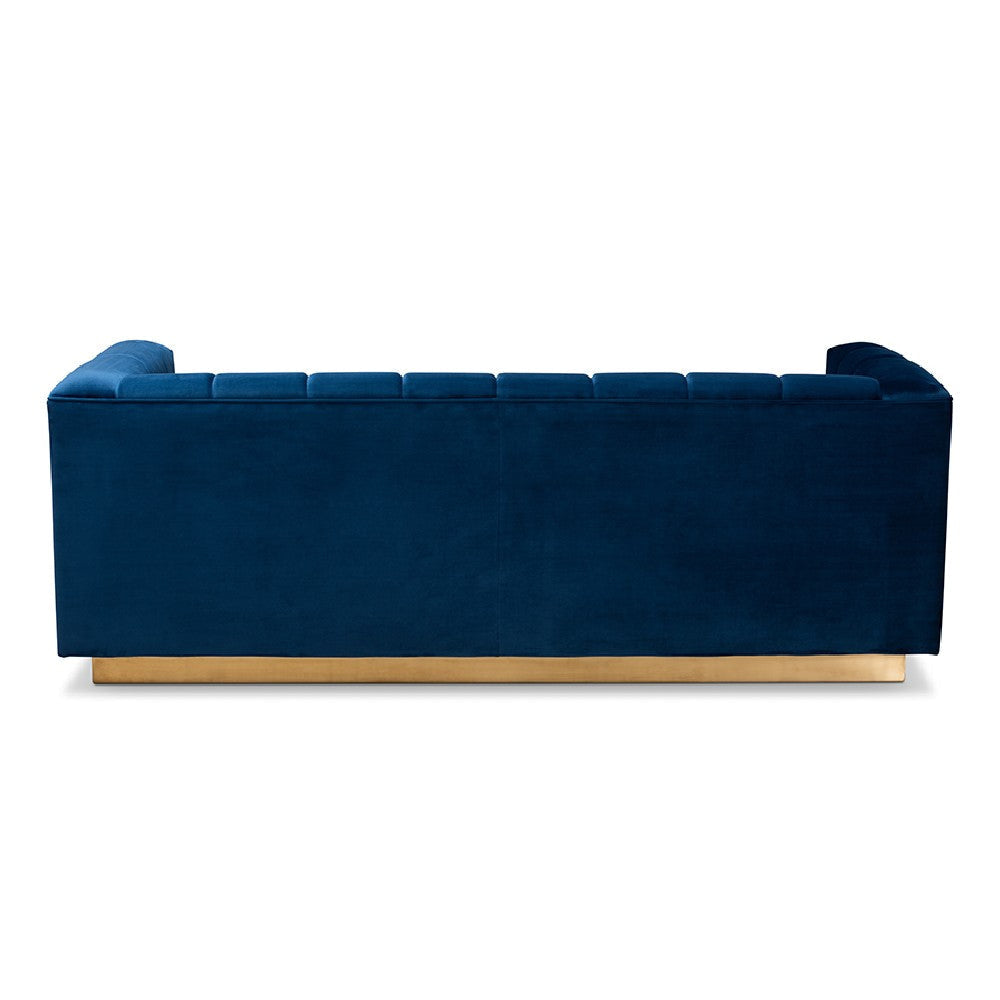 Baxton Studio Loreto Glam and Luxe Navy Blue Velvet Fabric Upholstered Brushed Gold Finished Sofa WHI-TSF-5506-Navy-Gold-SF