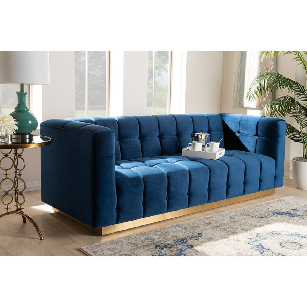 Baxton Studio Loreto Glam and Luxe Navy Blue Velvet Fabric Upholstered Brushed Gold Finished Sofa
