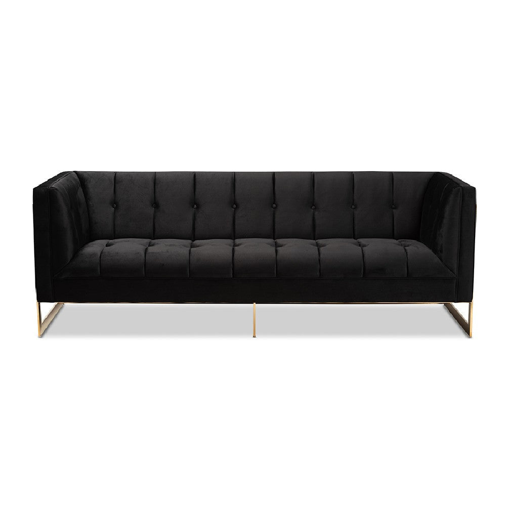 Baxton Studio Ambra Glam and Luxe Black Velvet Upholstered and Button Tufted Sofa with Gold-Tone Frame