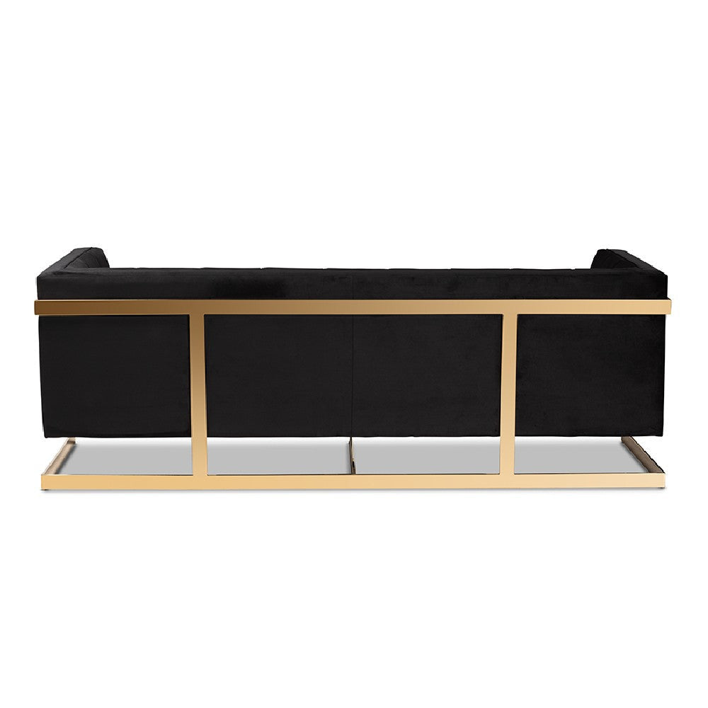 Baxton Studio Ambra Glam and Luxe Black Velvet Upholstered and Button Tufted Sofa with Gold-Tone Frame