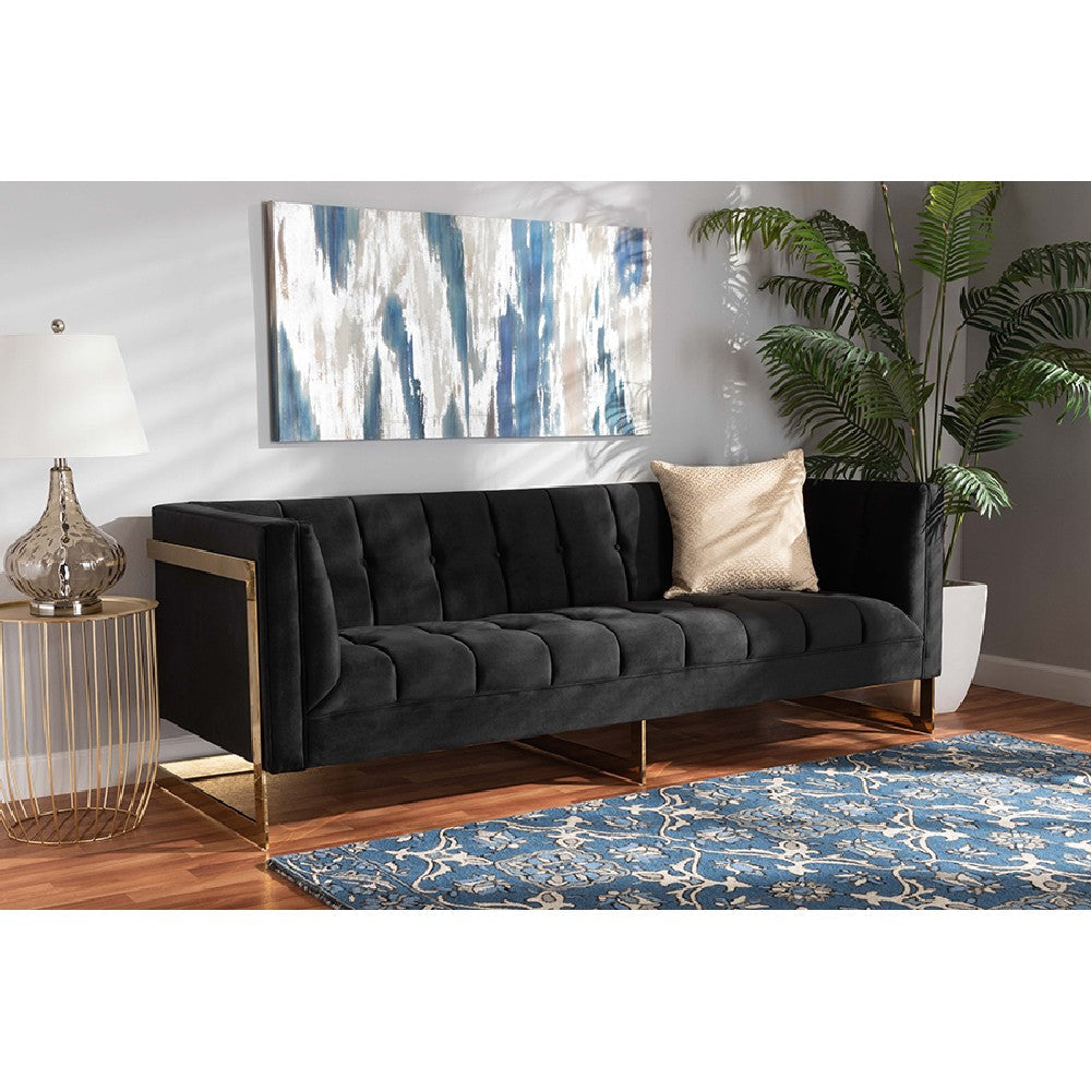 Baxton Studio Ambra Glam and Luxe Black Velvet Upholstered and Button Tufted Sofa with Gold-Tone Frame