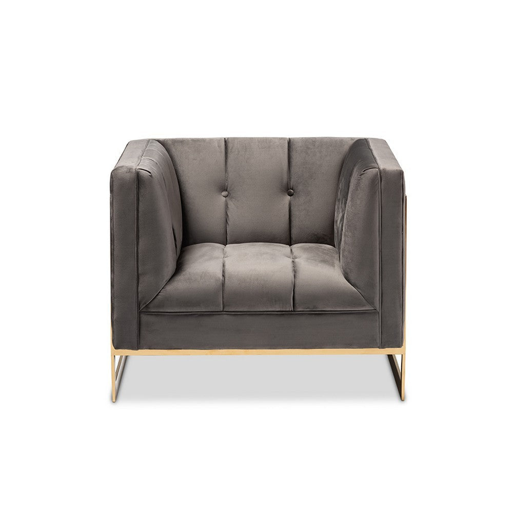 Baxton Studio Ambra Glam and Luxe Grey Velvet Fabric Upholstered and Button Tufted Armchair with Gold-Tone Frame