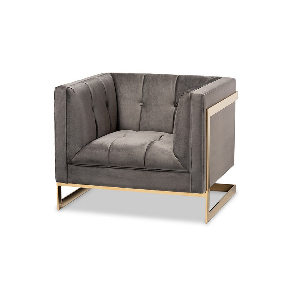 Baxton Studio Ambra Glam and Luxe Grey Velvet Fabric Upholstered and Button Tufted Armchair with Gold-Tone Frame