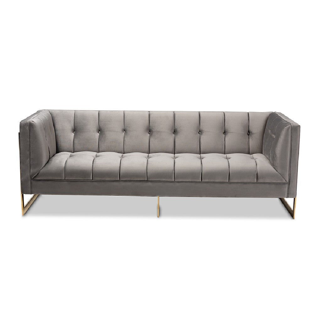 Baxton Studio Ambra Glam and Luxe Grey Velvet Fabric Upholstered and Button Tufted Sofa with Gold-Tone Frame