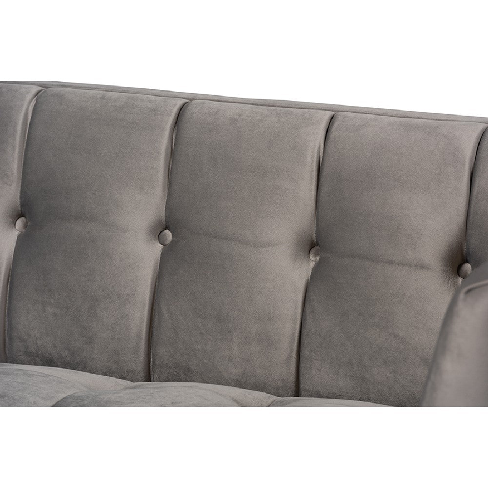 Baxton Studio Ambra Glam and Luxe Grey Velvet Fabric Upholstered and Button Tufted Sofa with Gold-Tone Frame