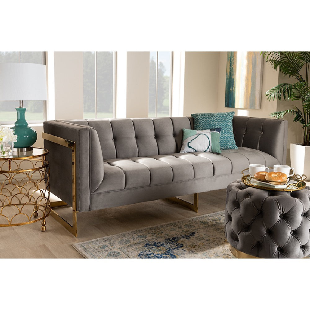 Baxton Studio Ambra Glam and Luxe Grey Velvet Fabric Upholstered and Button Tufted Sofa with Gold-Tone Frame