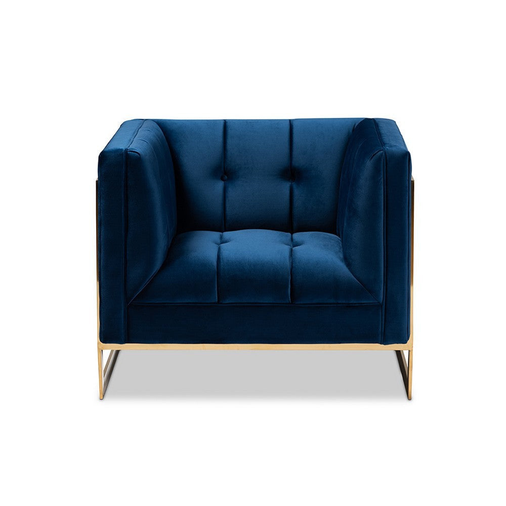 Baxton Studio Ambra Glam and Luxe Royal Blue Velvet Fabric Upholstered and Button Tufted Armchair with Gold-Tone Frame