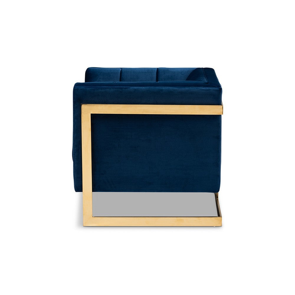 Baxton Studio Ambra Glam and Luxe Royal Blue Velvet Fabric Upholstered and Button Tufted Armchair with Gold-Tone Frame