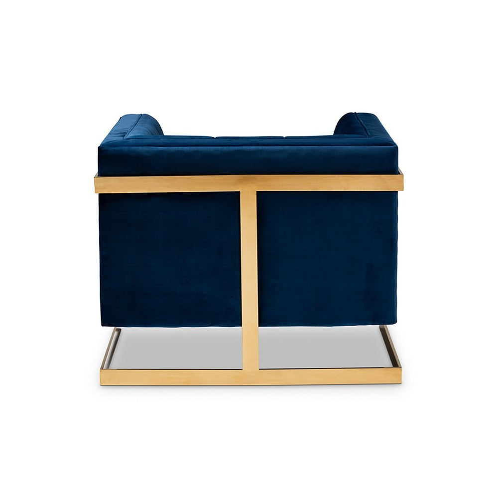 Baxton Studio Ambra Glam and Luxe Royal Blue Velvet Fabric Upholstered and Button Tufted Armchair with Gold-Tone Frame