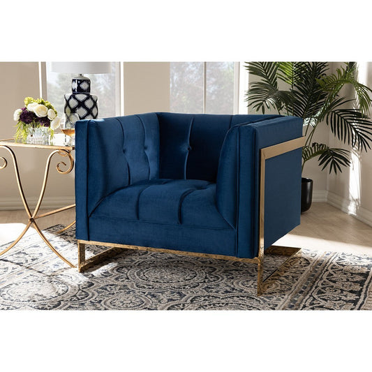 Baxton Studio Ambra Glam and Luxe Royal Blue Velvet Fabric Upholstered and Button Tufted Armchair with Gold-Tone Frame