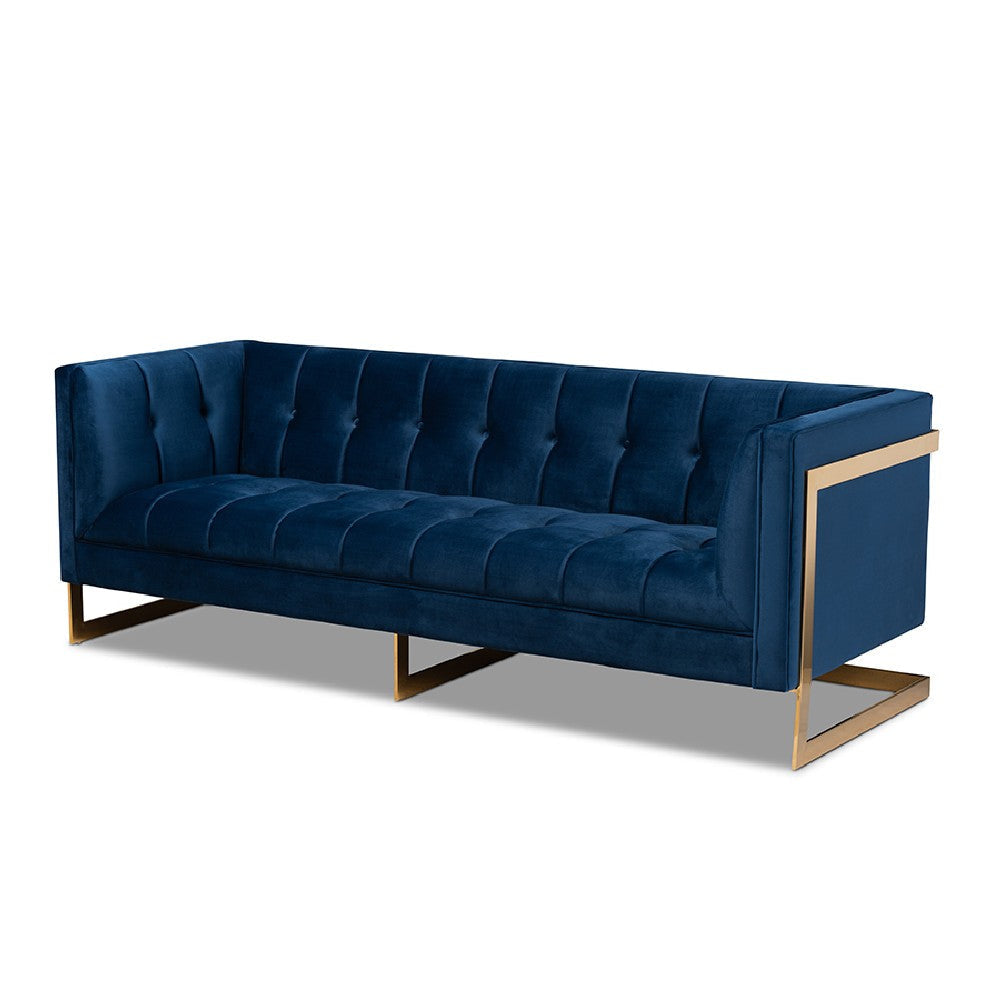 Baxton Studio Ambra Glam and Luxe Royal Blue Velvet Fabric Upholstered and Button Tufted Gold Sofa with Gold-Tone Frame
