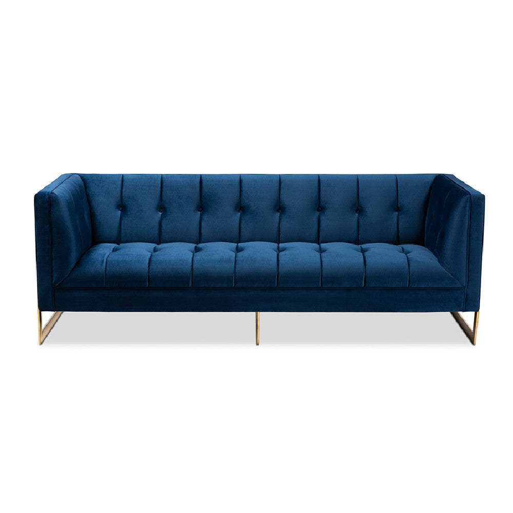 Baxton Studio Ambra Glam and Luxe Royal Blue Velvet Fabric Upholstered and Button Tufted Gold Sofa with Gold-Tone Frame