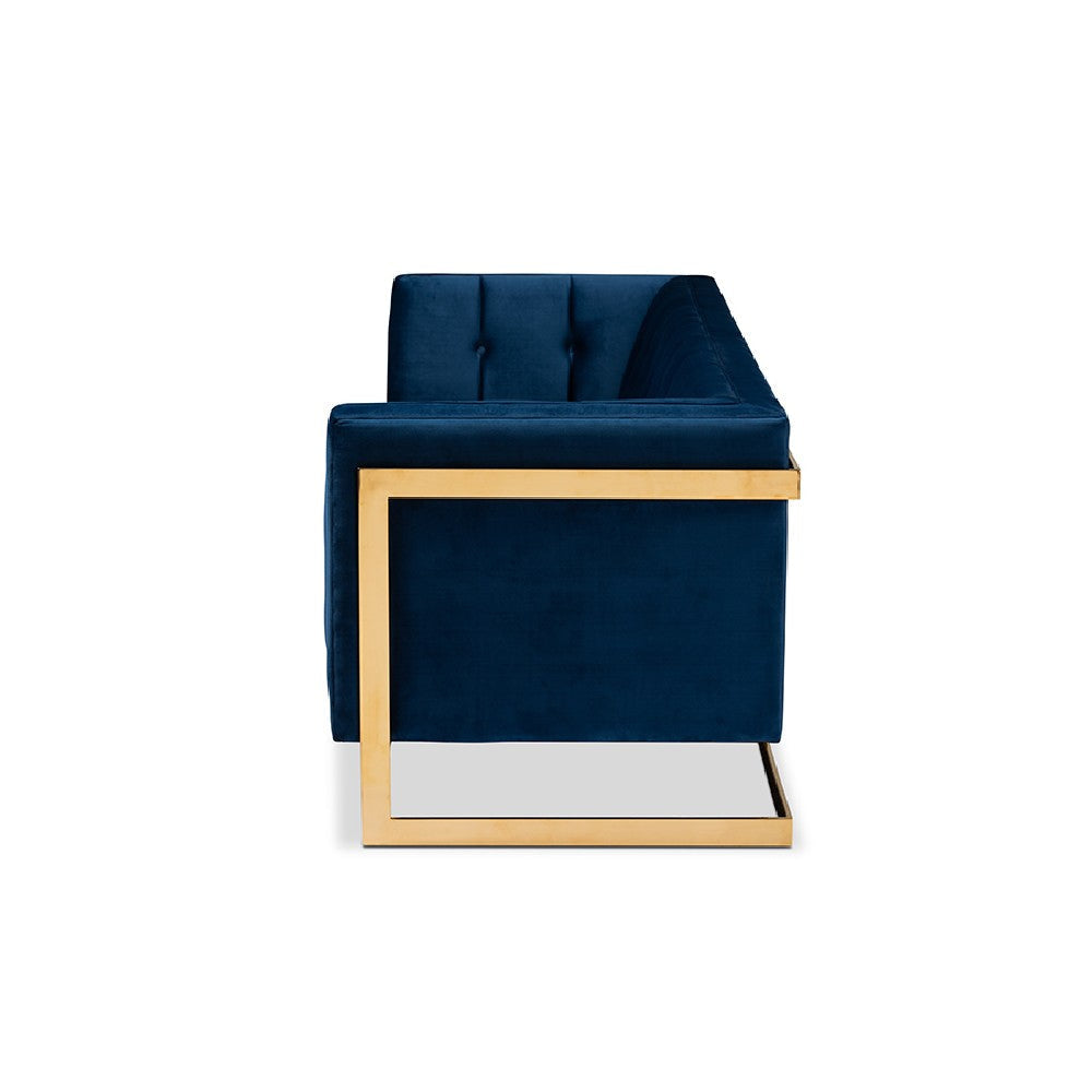 Baxton Studio Ambra Glam and Luxe Royal Blue Velvet Fabric Upholstered and Button Tufted Gold Sofa with Gold-Tone Frame