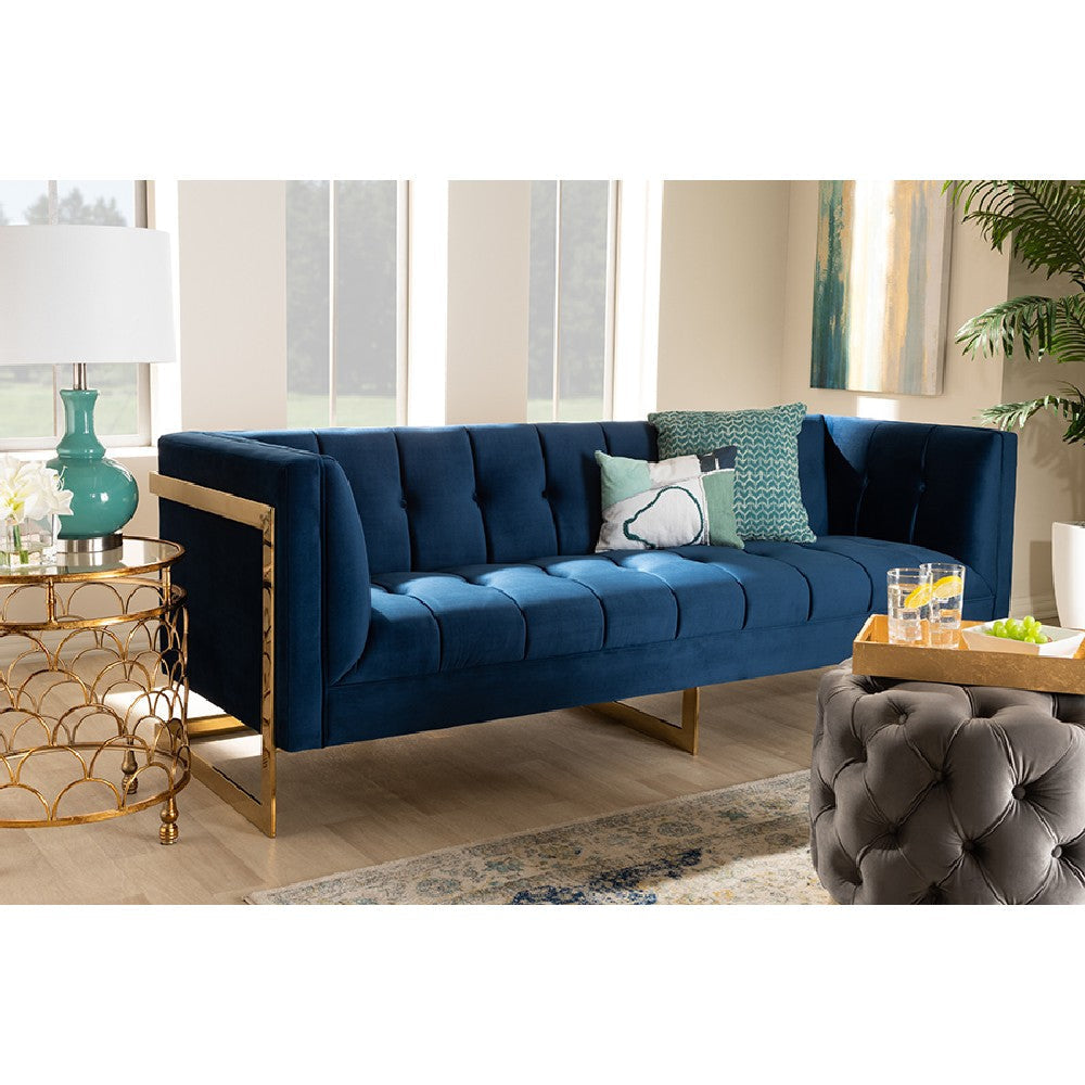 Baxton Studio Ambra Glam and Luxe Royal Blue Velvet Fabric Upholstered and Button Tufted Gold Sofa with Gold-Tone Frame