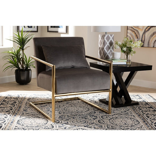 Baxton Studio Mira Glam and Luxe Grey Velvet Fabric Upholstered Gold Finished Metal Lounge Chair