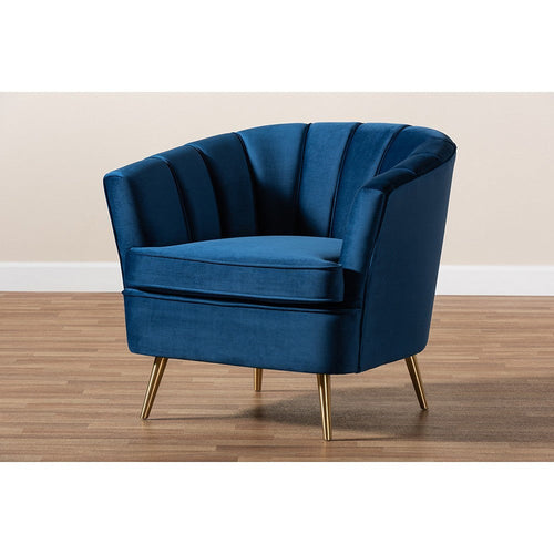 Baxton Studio Emeline Glam and Luxe Navy Blue Velvet Fabric Upholstered Brushed Gold Finished Accent Chair