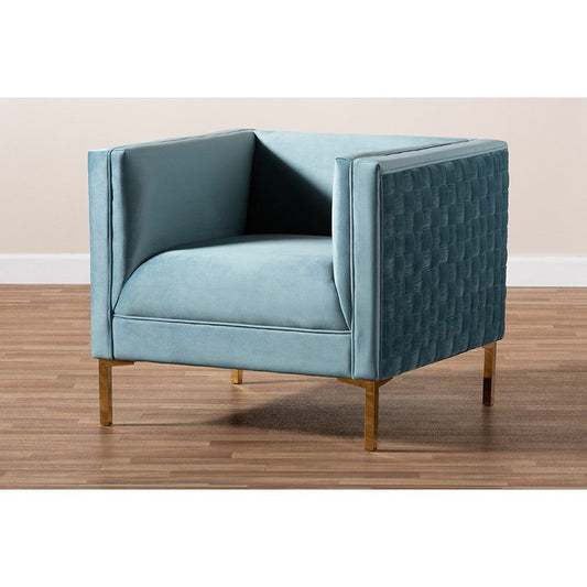 Baxton Studio Seraphin Glam and Luxe Light Blue Velvet Fabric Upholstered Gold Finished Armchair